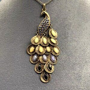 Silver Peacock Pendant Necklace Blue Green Turquoise Teal Sage Periwinkle